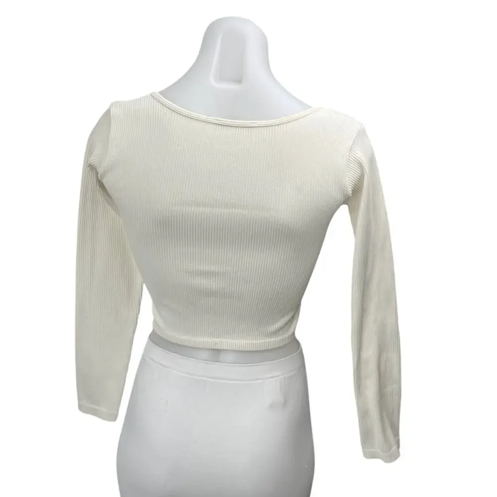 Zara Women's White Long Sleeve Ribbed Knit Square Neck Sweater Crop Top Size M-L